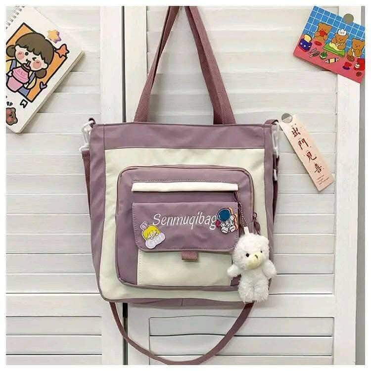 Waterproof Nylon Shoulder Bag – Canvas Tote with Multiple Front Pockets & Cute Doll