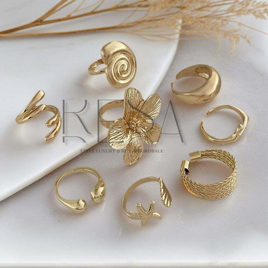 8pcs Vacation Style Alloy Starfish Scallop Open Ring Set Glossy Finish