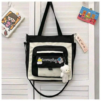 Waterproof Nylon Shoulder Bag – Canvas Tote with Multiple Front Pockets & Cute Doll