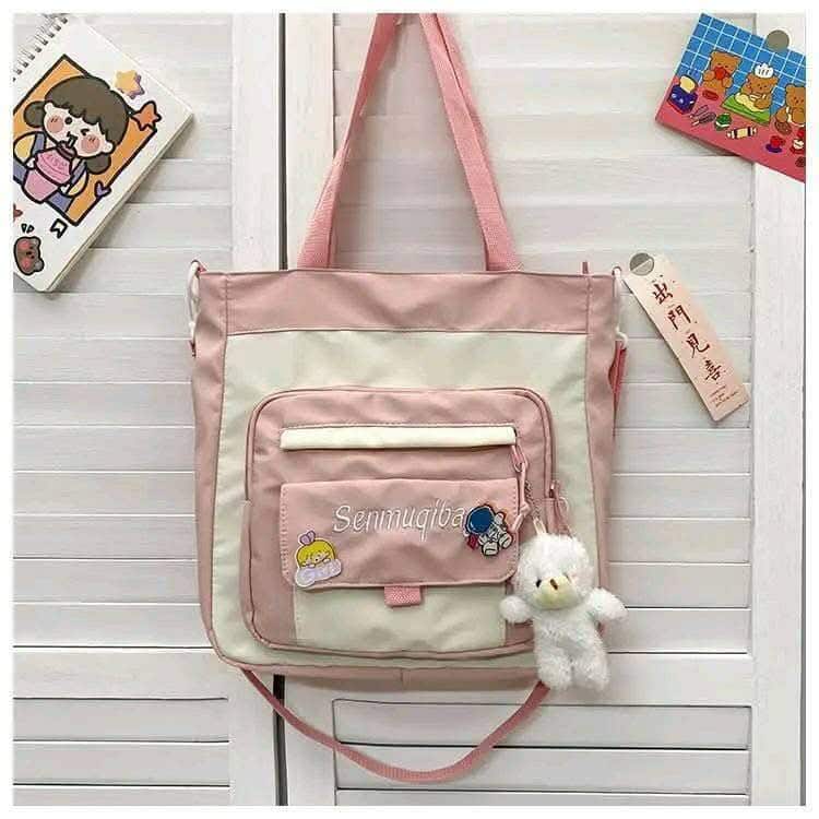 Waterproof Nylon Shoulder Bag – Canvas Tote with Multiple Front Pockets & Cute Doll