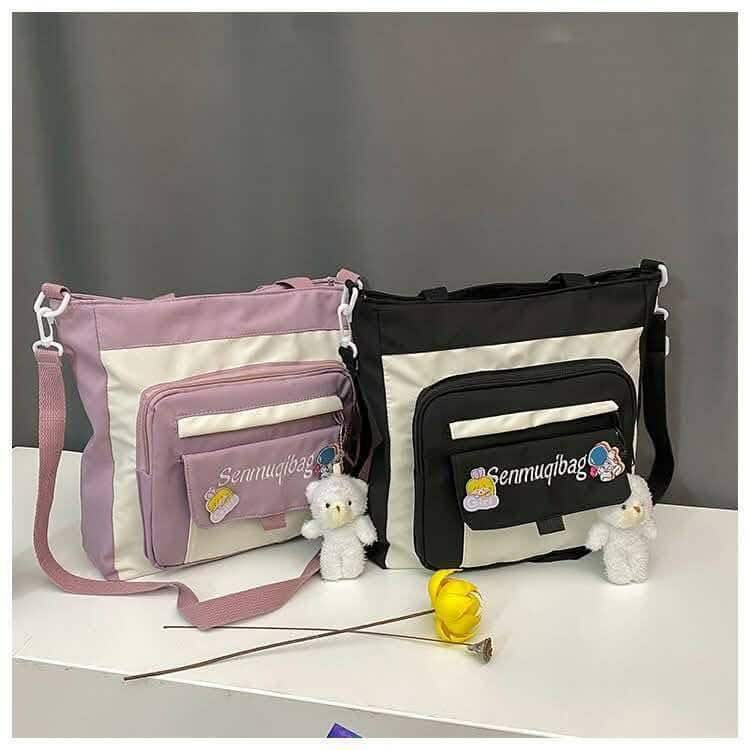 Waterproof Nylon Shoulder Bag – Canvas Tote with Multiple Front Pockets & Cute Doll