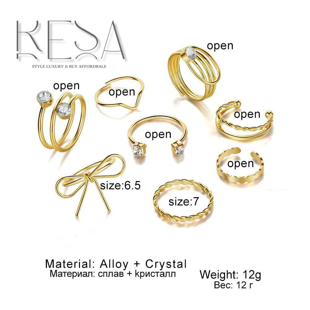 8pcs Set of Iron Ring Rhinestone Ring Stack Set, Simple Fine Circle Bowknot Ring Geometric Versatile Ring Stack Set