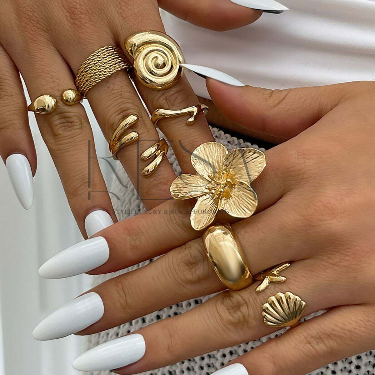 8pcs Vacation Style Alloy Starfish Scallop Open Ring Set Glossy Finish
