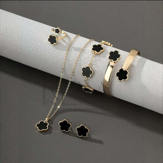 1 Pair of Stunning Earrings+1 Necklace+1 Bracelet+1 Bracelet+1 Ring - Full Set of Lucky Flower  Design Alloy Jewelry, Artificial Gemstones, Fashionable Women'S Gifts