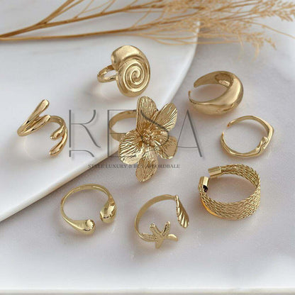 8pcs Vacation Style Alloy Starfish Scallop Open Ring Set Glossy Finish