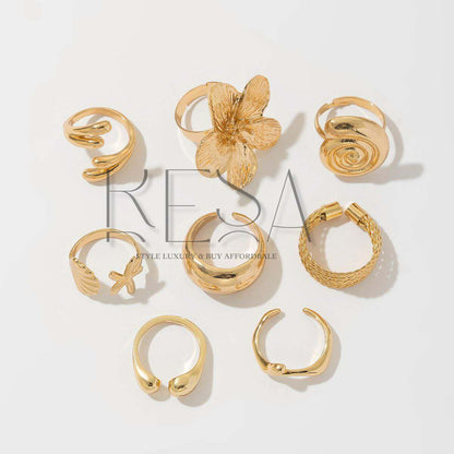 8pcs Vacation Style Alloy Starfish Scallop Open Ring Set Glossy Finish