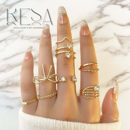 8pcs Set of Iron Ring Rhinestone Ring Stack Set, Simple Fine Circle Bowknot Ring Geometric Versatile Ring Stack Set