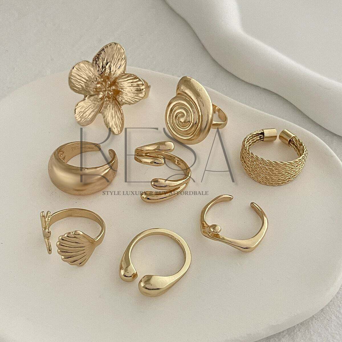 8pcs Vacation Style Alloy Starfish Scallop Open Ring Set Glossy Finish