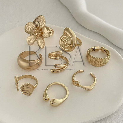 8pcs Vacation Style Alloy Starfish Scallop Open Ring Set Glossy Finish