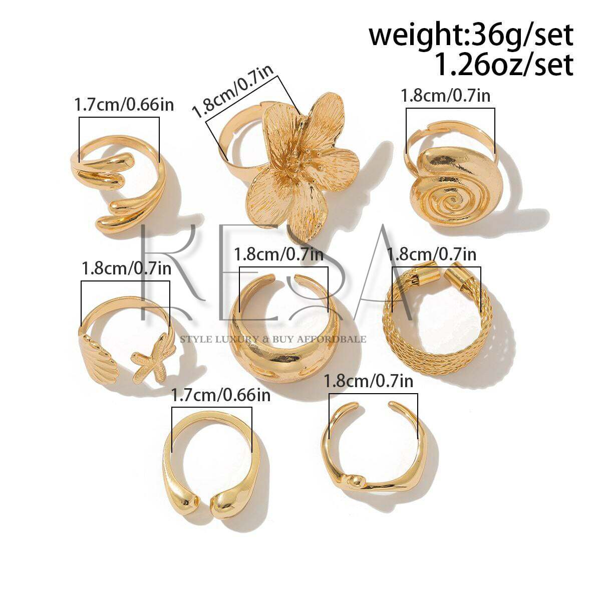 8pcs Vacation Style Alloy Starfish Scallop Open Ring Set Glossy Finish