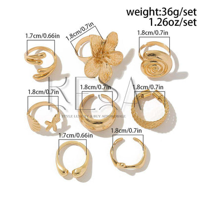 8pcs Vacation Style Alloy Starfish Scallop Open Ring Set Glossy Finish