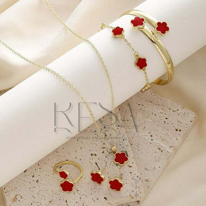 1 Pair of Stunning Earrings+1 Necklace+1 Bracelet+1 Bracelet+1 Ring - Full Set of Lucky Flower  Design Alloy Jewelry, Artificial Gemstones, Fashionable Women'S Gifts