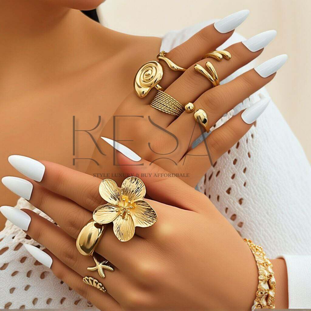 8pcs Vacation Style Alloy Starfish Scallop Open Ring Set Glossy Finish