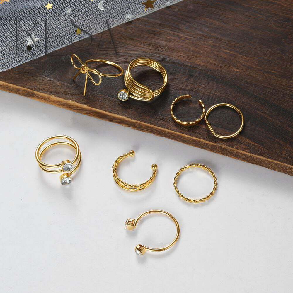 8pcs Set of Iron Ring Rhinestone Ring Stack Set, Simple Fine Circle Bowknot Ring Geometric Versatile Ring Stack Set