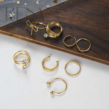8pcs Set of Iron Ring Rhinestone Ring Stack Set, Simple Fine Circle Bowknot Ring Geometric Versatile Ring Stack Set