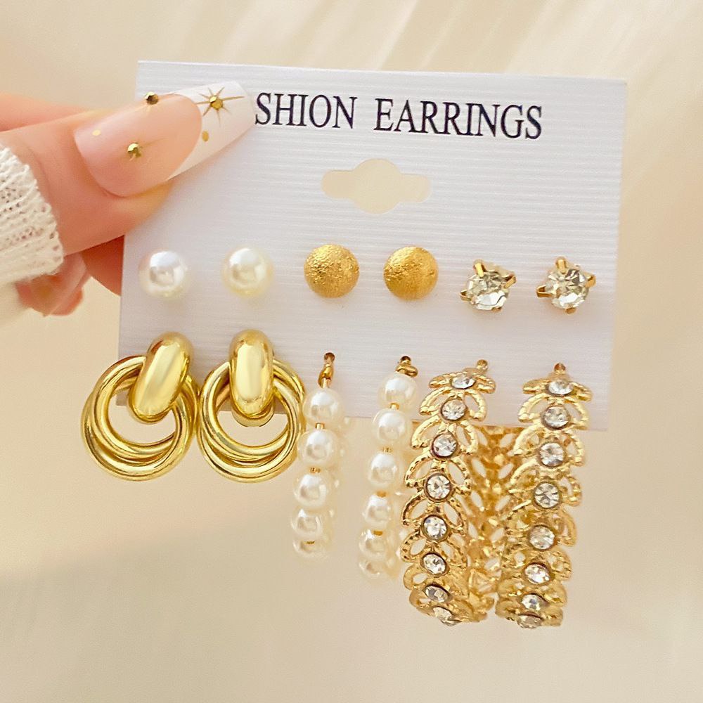New Gold Color Pearl Hoop Earrings Set New Hollow Dangle Earring