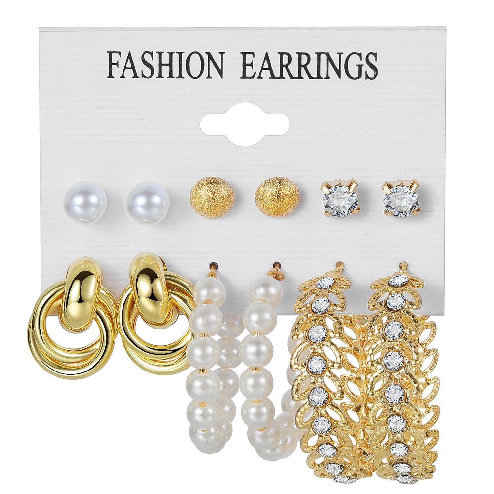 New Gold Color Pearl Hoop Earrings Set New Hollow Dangle Earring