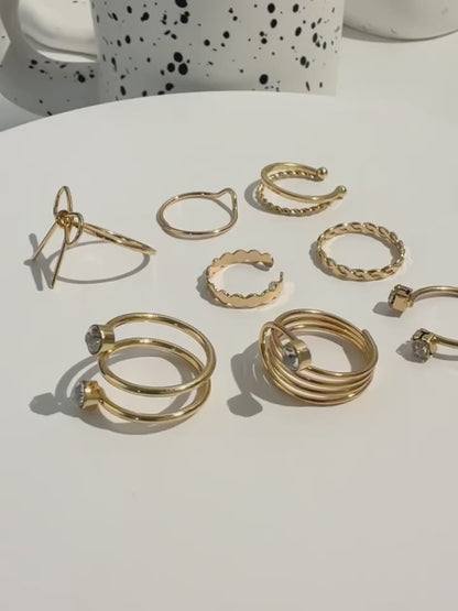 8pcs Set of Iron Ring Rhinestone Ring Stack Set, Simple Fine Circle Bowknot Ring Geometric Versatile Ring Stack Set