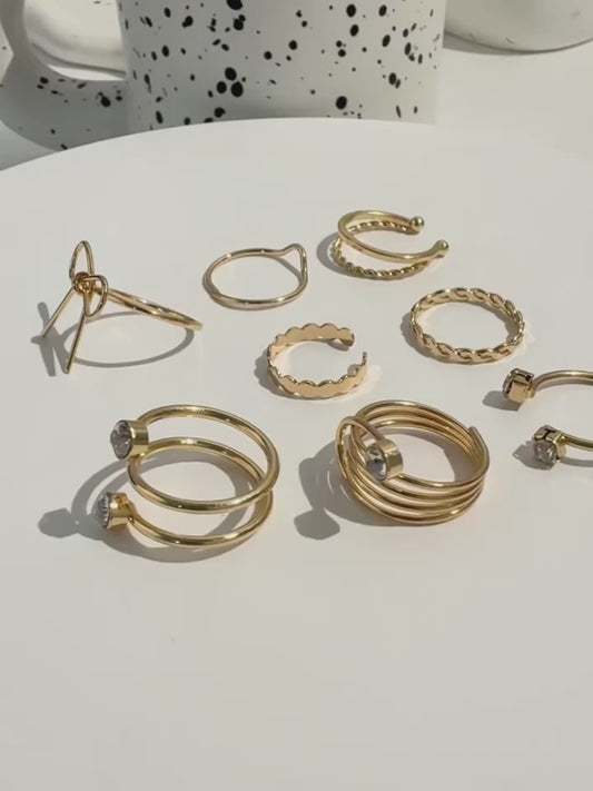 8pcs Set of Iron Ring Rhinestone Ring Stack Set, Simple Fine Circle Bowknot Ring Geometric Versatile Ring Stack Set